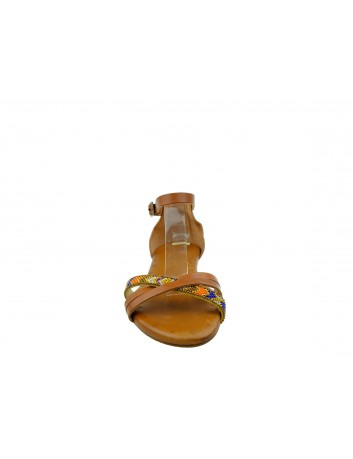 Skórzany sandał Porronet,zakryta pieta,wzór indiański, Kolor brąz