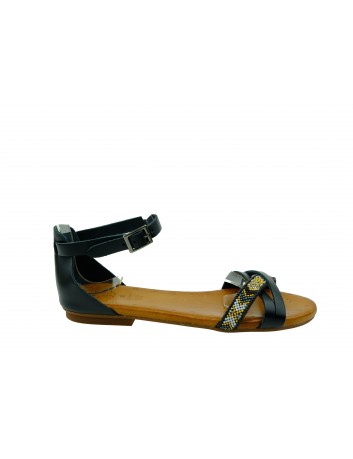 Skórzany sandał Porronet,zakryta pieta,wzór indiański, Kolor czarny