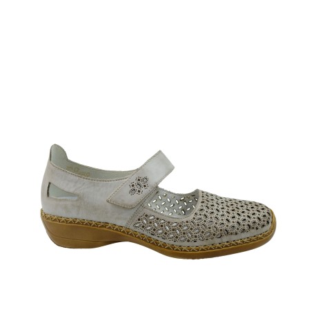 Skórzany letni póbut damski Rieker 413G8-62C, Kolor szary