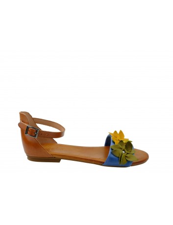 Skórzany sandał Porronet kwiaty,zakryta pieta,Kolor brąz z niebieskim